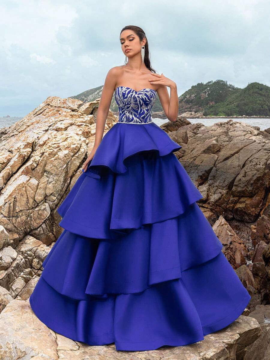 Faeriesty 花卉亮片紧身胸衣拼接多层缎面下摆正式舞会礼服