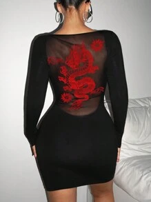 SHEIN ICON Women's Spring-Summer Long Sleeve Bodycon Dress With Chinese Dragon Net Mesh Panel - Black - View 4