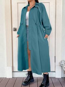 Flirla Plus Size Nữ Màu Trơn Raglan Tay Dài Tay Dây Rút Eo Dáng Rộng Áo Khoác Dài, Mùa Xuân & Mùa Thu - Màu xanh bụi bặm - Xem 2