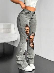 SHEIN ICON 女士简约日常破洞牛仔裤，女士休闲，性感口袋，破洞，拉链自然紧身长款蓝色棉质紧身女式牛仔裤，春/秋，休闲日常穿着 - 藍色 - 查看 4