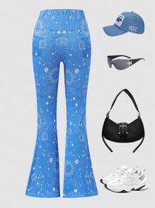 SHEIN Modne spodnie dzwony z elastyczną lamówką dla nastolatek, casualowe - Niebieski - Zobacz 2