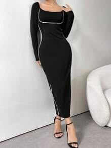 Modelyn Vestido ajustado con ribete de contraste para damas de Chongqing - Negro - Ver 8