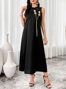 Modelyn Women's Summer 3D Floral Decor Mesh Contrast Sleeveless Elegant Mini Dress Long Evening Dresses - Black - View 8
