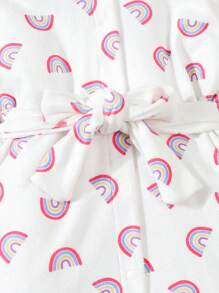 Pijama de bata larga con estampado de arcoíris simple blanco de manga larga y lazo frontal para niñas pequeñas