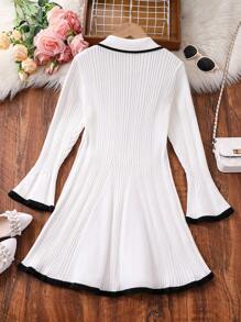 Tween Girl French Luxury Color Block Turtleneck Flare Sleeve Cinched Waist Knit Sweater Dress, Fall/Winter - Black and White - View 2