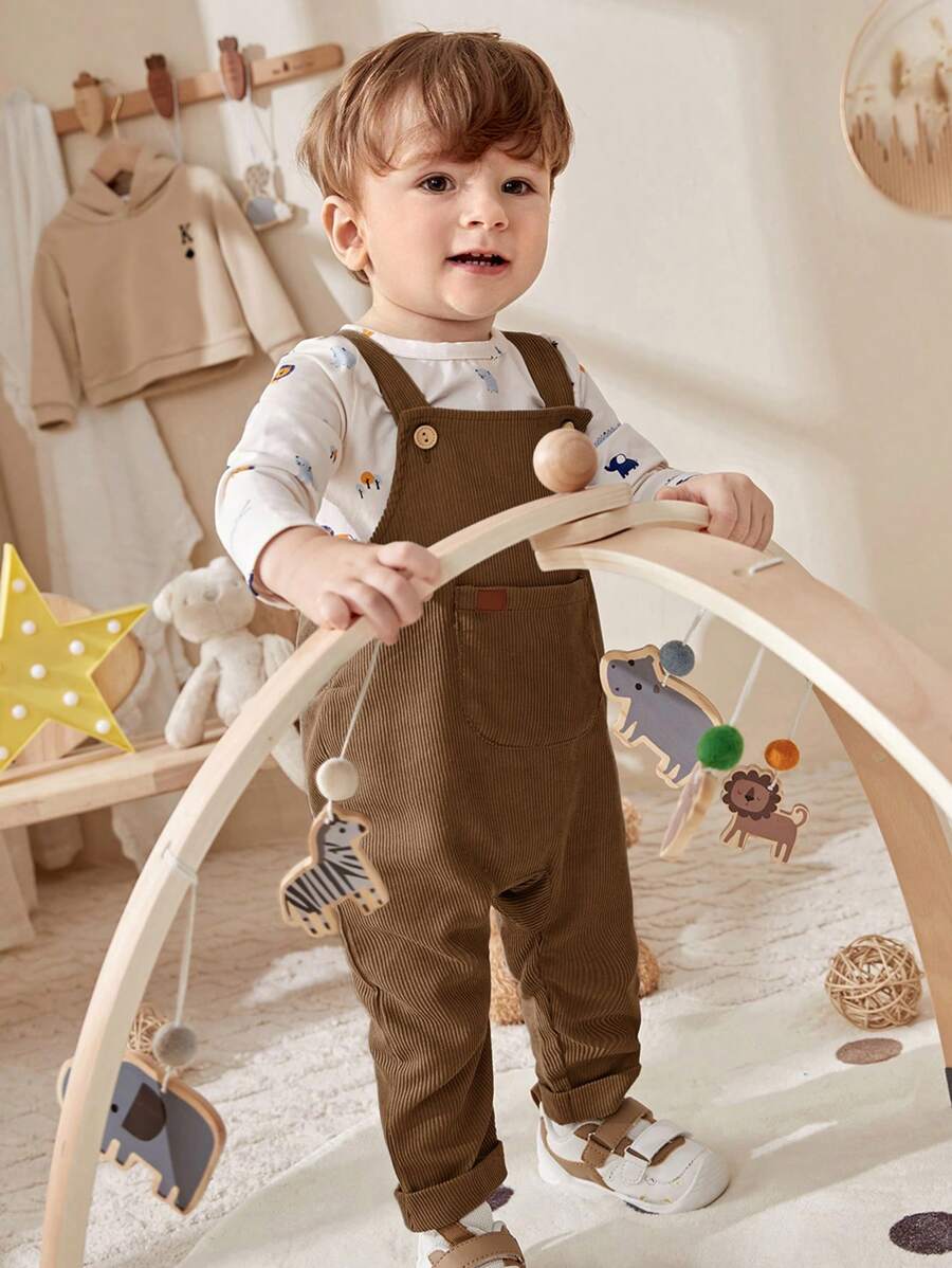 Cozy Pixies 2pcs Baby Boy Cartoon Pattern Crew Neck Long Sleeve Top And Bib Pants Set - Brown - View 1