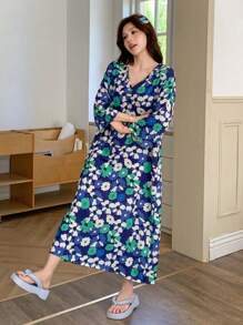 DAZY V 领长款花卉印花睡袍 - 藍色 - 查看 6
