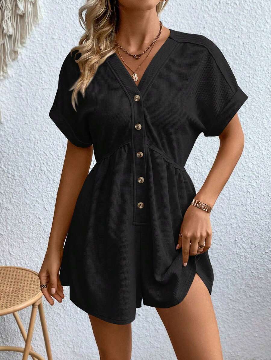 SHEIN Clasi Women Solid Color Simple Daily Short-Sleeved Jumpsuit - Black - View 1