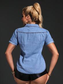 SHEIN SXY Women's Summer Short Sleeve Denim Cargo Pocket Casual Blouse,Short Sleeve Tops