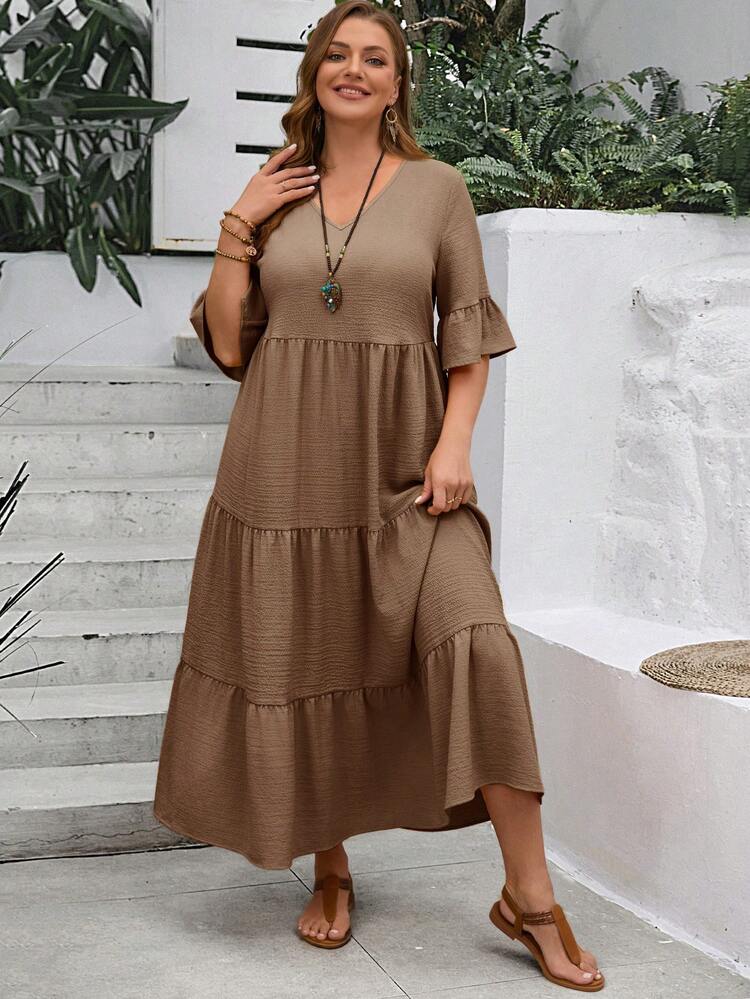 Plus Size Women's Deep V-Neck Ruffle Sleeve Multi-Tiered Hem Long Yellow Dress For Summer