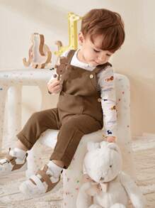 Cozy Pixies 2pcs Baby Boy Cartoon Pattern Crew Neck Long Sleeve Top And Bib Pants Set - Brown - View 15