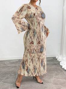 Celure Damen Große Größen Frühlings- & Sommer Batik-Muster Rundhals Langarm A-Linien-elegantes Maxikleid Damenkostüm