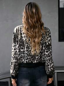 Aveloria Affinna Retro American Casual Leopard Floral Pocket Design Bomber Jacket - Multicolor - View 3