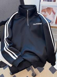Sudadera holgada de punto negro para adolescentes con estampado universitario en inglés de estilo casual