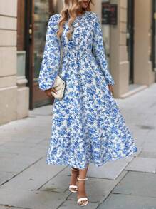 SHEIN Clasi Robe à manches longues col rond avec fleurs éparpillées pour femmes - Bleu et Blanc - Voir 5