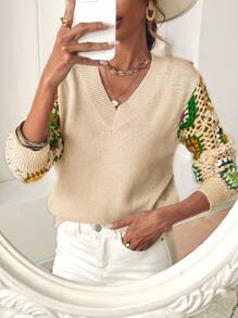 SHEIN VCAY Áo len nữ dài cổ chữ V móc, thu đông - Màu be - Xem 7