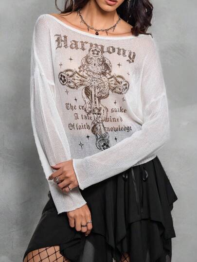 Mystic heart Suéter traslúcido de manga larga con estampado de cruz oscura para mujer artista, informal para uso diario, vacaciones, festivales, Ibiza