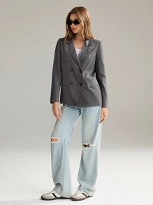 SHEIN Unity Blazer Wanita Longgar dengan Kerah Lapel, Kancing Ganda, Saku Lipat, dan Bantalan Bahu untuk Musim Gugur. - Grey - View 1