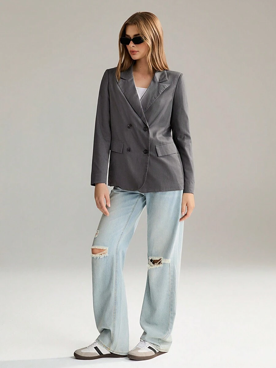 SHEIN Unity Blazer Wanita Longgar dengan Kerah Lapel, Kancing Ganda, Saku Lipat, dan Bantalan Bahu untuk Musim Gugur. - Grey - View 1