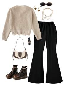 2 件 Tween Girl 破洞 V 领毛衣和阔腿裤套装，休闲街头装