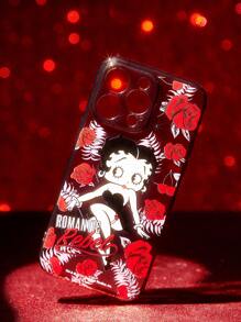 Betty Boop x SHEIN Clear Cute Cartoon Figure & Floral Rose Pattern Phone Case,Compatible With IPhone,Gift Ideas,Party,Holiday,Valentine's Day - Clear - View 5