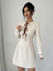 Selianne Vestido casual de manga larga con cordón y bloque de color para mujer, primavera/otoño - Albaricoque - Ver 5