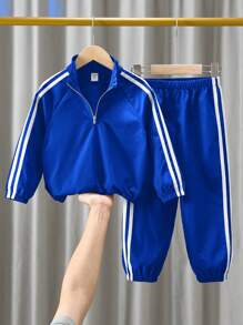 SHEIN 2pcs Young Boys Casual Set - Long Sleeve Stand Collar Jacket With Decorative Tapes, And Elastic Waist Pants, Thermal Lined , Thickened - Blue - View 5