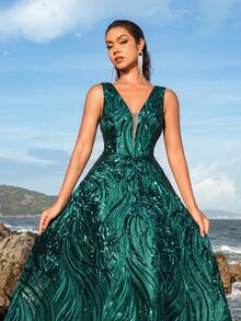 Faeriesty Elegant Women's Sleeveless Deep V-Neckline Maxi Party Gown |Sparkly Sequined Positioning Pattern , Perfect For Spring Weddings, Garden Parties, Outdoor Woodland Celebrations, Romantic Dinners, Formal Portrait Photoshoot, Lakeside Gatherings & Ethereal Evening Galas, Homecoming & Graduation Dress , Birthday Women Outfits,Spring Dresses Summer Outfits - Dark Green - View 4