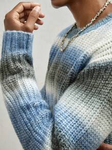 AKNOTIC Business Casual 男士宽松钩针渐变条纹针织毛衣 - 彩色 - 查看 5