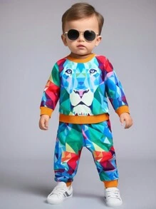 2 chiếc Bộ áo nỉ và quần thể thao in hình con hổ đầy màu sắc sành điệu dành cho bé trai, thời trang đường phố hợp thời trang để chụp ảnh & dự tiệc - trái cam - Xem 1