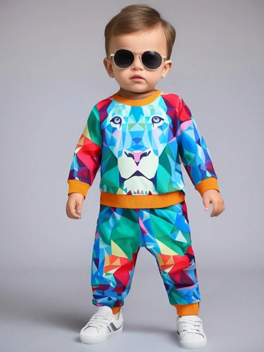 2 chiếc Bộ áo nỉ và quần thể thao in hình con hổ đầy màu sắc sành điệu dành cho bé trai, thời trang đường phố hợp thời trang để chụp ảnh & dự tiệc - trái cam - Xem 1