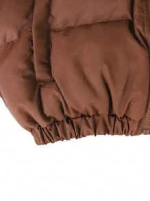 Women Short Stand Collar Front Zipper Warm Jacket - Coffee Brown - View 3