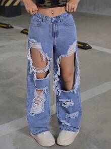 SHEIN Rave 90s Street Slant Pocket Ripped Cut Out Straight Leg Jeans For Teen Girls,Girls Fall Back To School - Light Wash - View 3