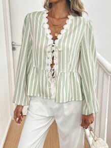 SHEIN LUNE 女式秋季 V 领花卉荷叶边蝴蝶结条纹长袖衬衫 - 彩色 - 查看 7