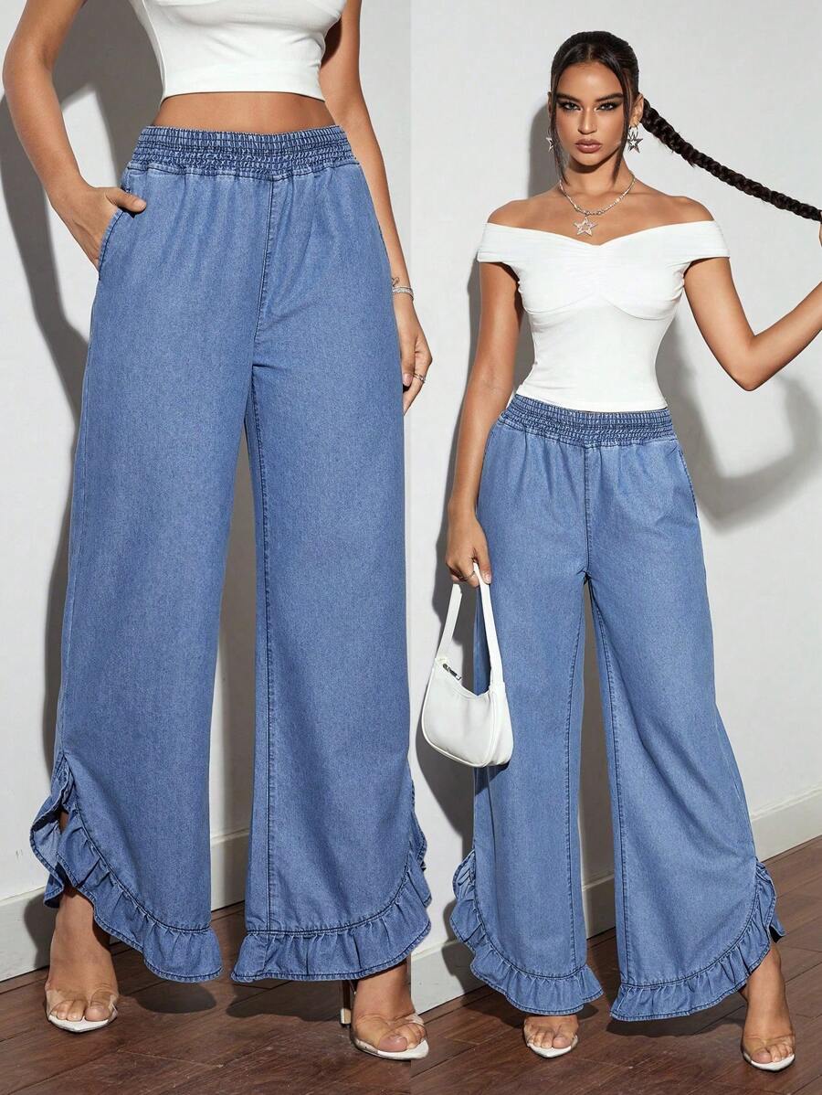 SHEIN Tall Lässige, verwaschen Jeans mit weitem Bein und Rüschen - Blau - Übersicht 1