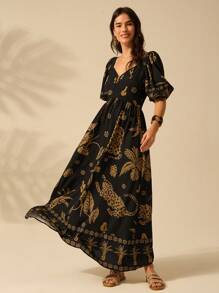 CAJUNI Women's Vacation Boho Casual Beach Tropical  Coconut Tree And Leopard  Prints Half-Sleeved Bishop Sleeve Summer Dress