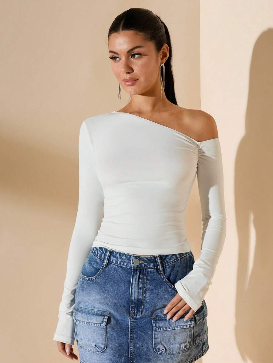 SHEIN BAE 女士纯白色不对称不对称领口修身长袖休闲 T 恤 - 白色 - 查看 1