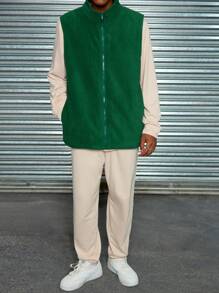 3pcs Men's Vintage Casual Outfits Set: Olive Fleece Vest, Khaki Crew Neck Sweatshirt And Pants, Autumn Winter