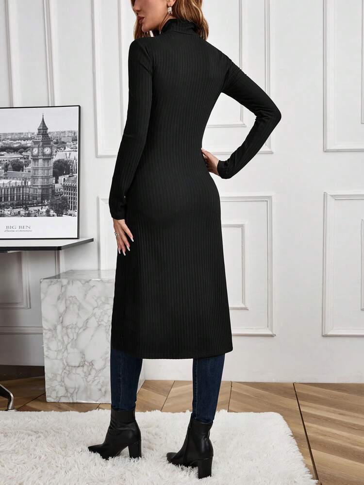 Women's Solid Color High Neck Long Sleeve Ribbed Side Slit Hem Casual T-Shirt For Spring And Summer
