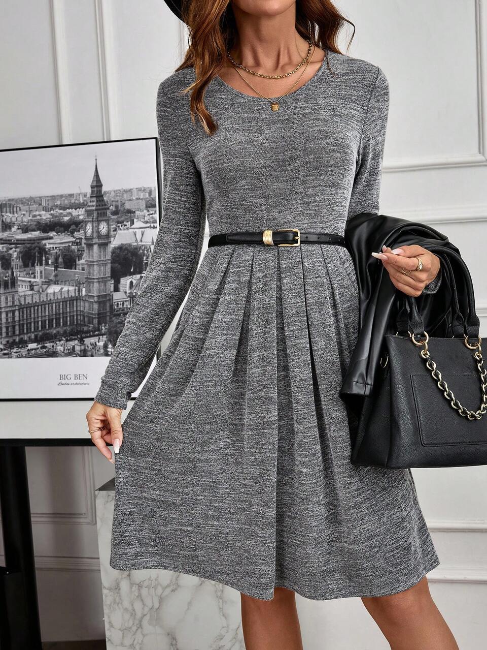 Round-Neck Long-Sleeve Dress, Autumn Women's Dress,Spring Outfit Women
