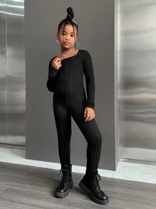 SHEIN 少女休閒純色方領長袖修身連身褲 - 黑色 - 查看 3