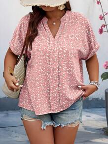 Calvaya Áo Sơ Mi Ngắn Tay Mùa Hè Cổ Chữ V Ngẫu Nhiên Plus Size - Màu Hồng baby - Xem 1