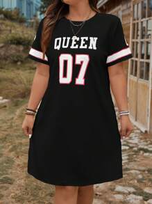 SHEIN LUNE Plus Size Women's Summer Letter Print Crew Neck Short Sleeve Casual T-Shirt Dress