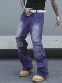 Manfinity Roghcode Quần jean denim bootcut thời trang phai màu cho nam - Màu xanh lam - Xem 1