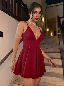 Allurite 女士露背性感深 V 吊带 A 字裙酒红色迷你短款女装 - 酒紅色 - 查看 5