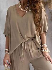 INAWLY 2pcs Women V-Neck Solid Color Top And Knotted Loose Pants Casual Holiday Outfit