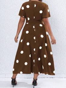 SHEIN Franclia Plus Size Women's Summer Polka Dot Print Crossover V-Neck Short Sleeve Dress - Brown - View 2