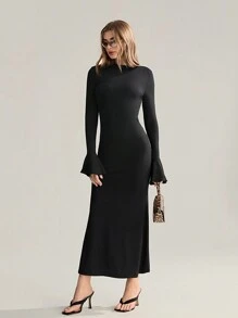 SHEIN Unity Đầm dài tay có cổ đứng hở lưng dành cho nữ - màu đen - Xem 2