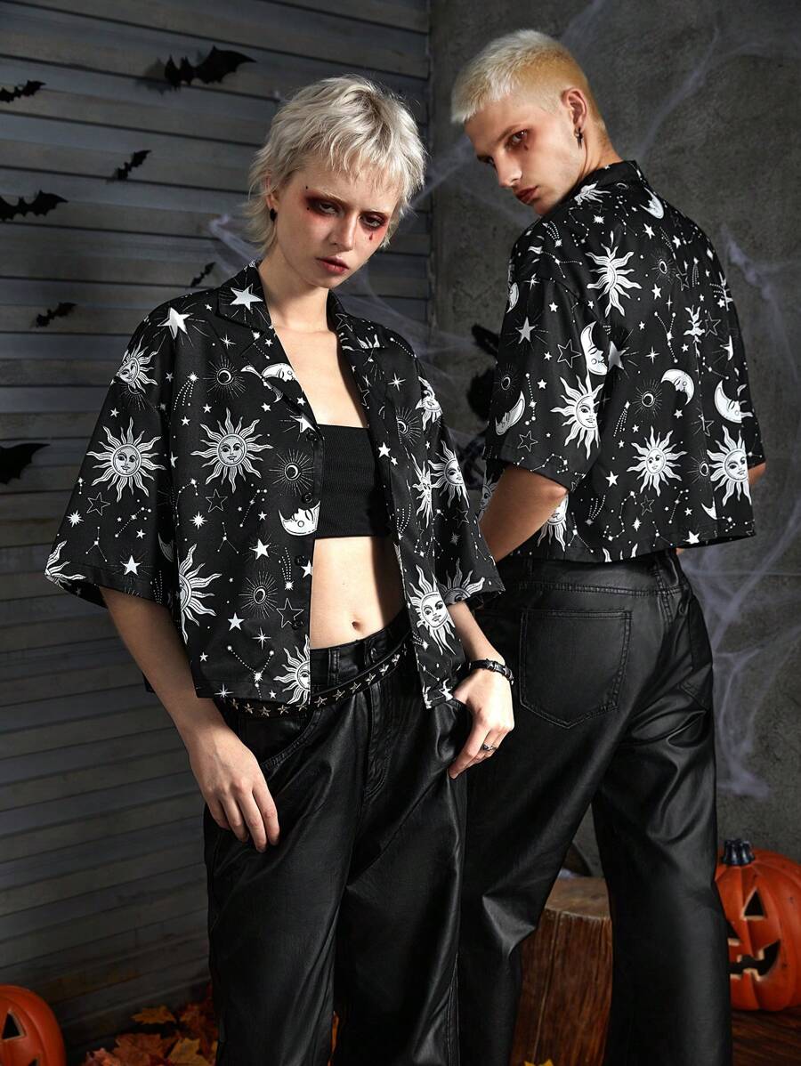 Manfinity UZERO 男士宽松印花短袖休闲衬衫，适合夏季、万圣节