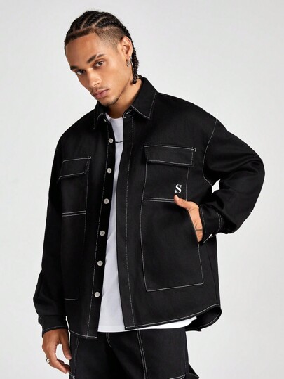 Manfinity VCAY Men's Embroidered English Pattern Loose Woven Shacket, For Fall Winter